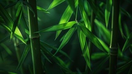 Naklejka premium A green bamboo plant with leaves is the main focus of the image. Generate AI