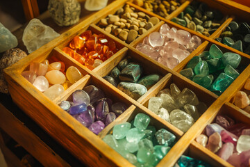 Closeup shot of healing mineral crystal stones in a box