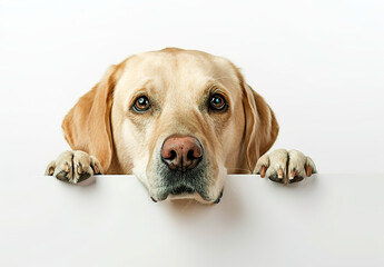 Curious Labrador Retriever peeking over a white surface