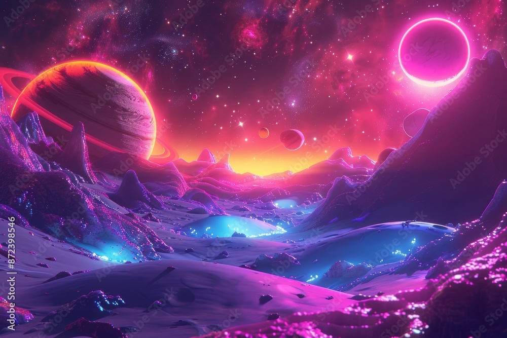 Canvas Prints artwork featuring a space nebula with planets and stars. colorful universe with a dark theme. concep