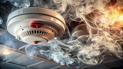 Fire alarm and smoke detector on the ceiling in the smoke, connected and in use. Generative AI