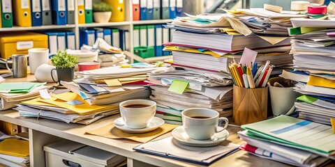 Overwhelmed desk cluttered with stacks of files, paperwork, and office supplies, surrounded by empty coffee cups and scattered Post-it notes, conveying chaos and stress.