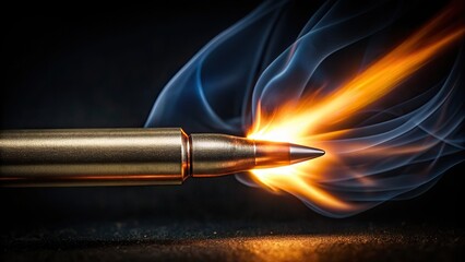 Fototapeta premium A stylized bullet piercing the darkness, its trajectory illuminated by a radiant flame, frozen in slow motion against a velvety black background.