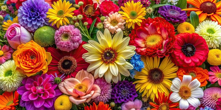Vibrant multi-colored flower background featuring a diverse assortment of blooming flowers, showcasing numerous species, petals, and textures in a stunning floral display.