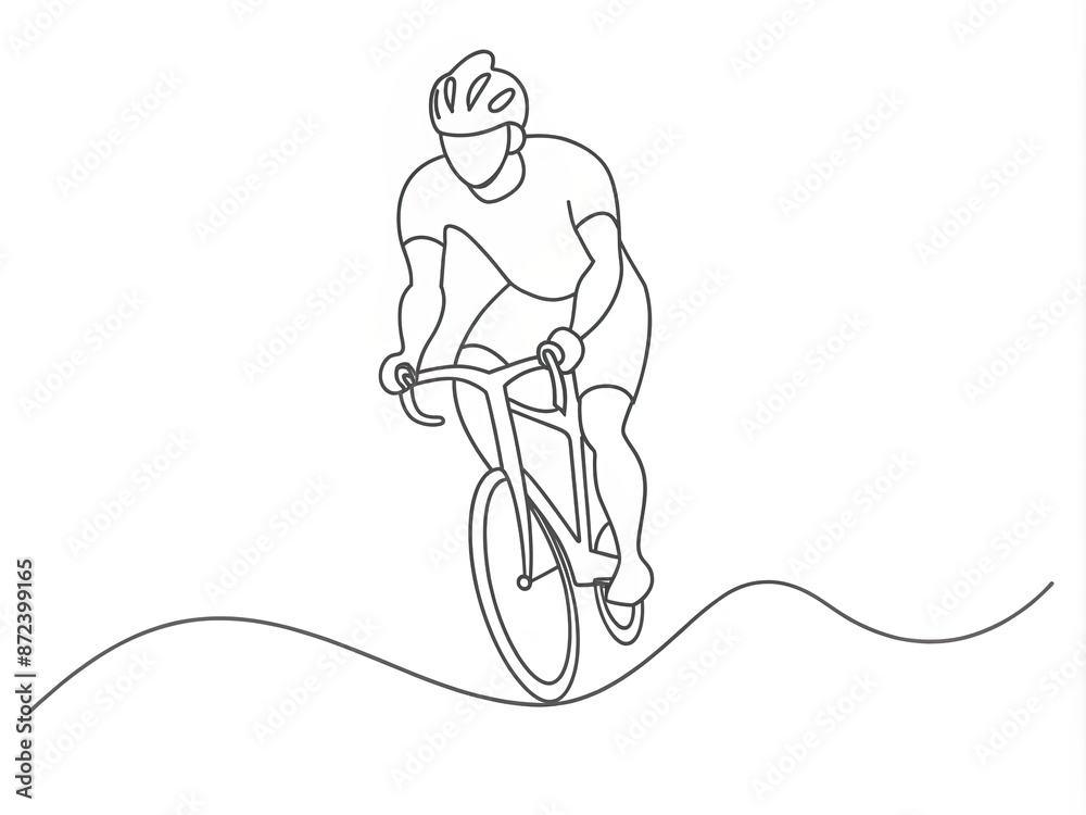 Wall mural Man riding racing bike wear helmet continuous line drawing. Fitness and sport concept.