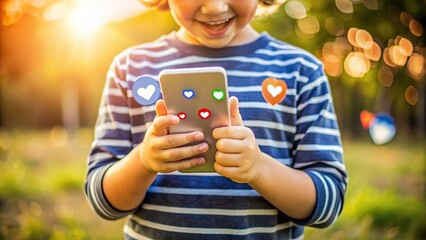 Child's hands cradle a smartphone with icons of likes, messages, comments, and stars floating above the screen, symbolizing social media and digital communication.
