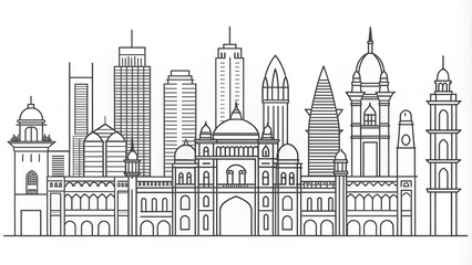 Fototapeta premium Minimalist continuous line drawing of Mumbai India's iconic skyline featuring sleek modern buildings and historic architecture in a simplified yet striking design.