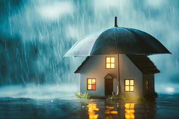 Concept of home insurance. House covered with umbrella to protect it from rain and storm