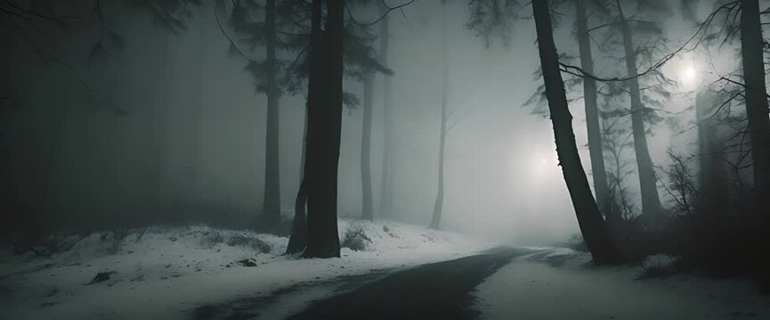 Scary dark forest at night foggy with heavy rain