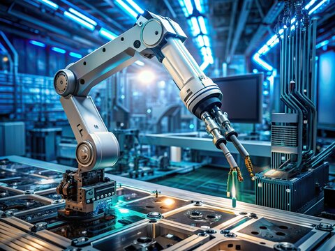 A futuristic robotic arm performs precision tasks amidst a backdrop of sleek circuit boards, wires, and motherboards in a cutting-edge technology laboratory. - Powered by Adobe