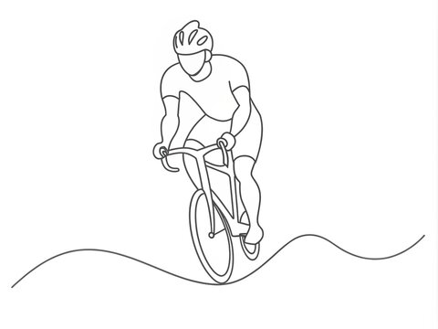 Man riding racing bike wear helmet continuous line drawing. Fitness and sport concept.