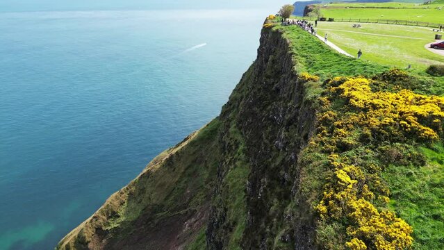 An Aerial view of The Giant's Causeway from a UAV Drone looking at the Cliffs over the Atlantic near Bushmills., United Kingdom, Ireland