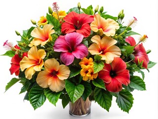 Vibrant tall hibiscus flowers with lush green leaves spread out in a beautiful arrangement on a pure white background, offering ample copy space.