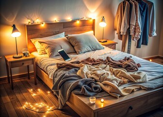 Cozy bedroom with unmade bed, soft lighting, and a mobile phone lying on a nightstand, surrounded by scattered clothes and personal belongings.