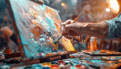 People expressing themselves doing art during an art therapy workshop, with paints, brushes, canvases. Therapeutic benefits of creativity and self-expression in mental health and emotional well-being