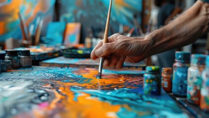 People expressing themselves doing art during an art therapy workshop, with paints, brushes, canvases. Therapeutic benefits of creativity and self-expression in mental health and emotional well-being