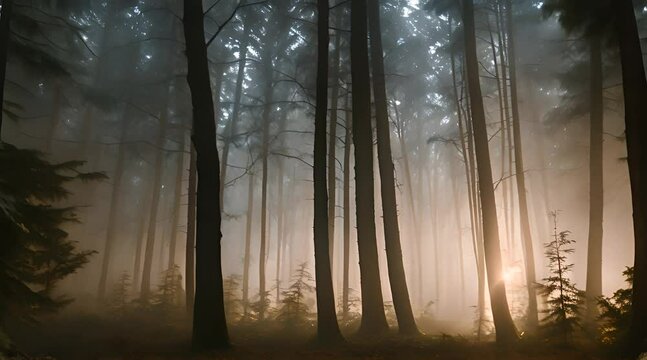 Scary dark forest at night foggy with heavy rain