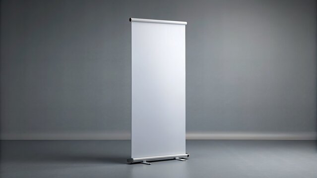 Isolated white roll-up banner stand with empty template, awaiting custom design, against a clean gray background, perfect for advertising and promotional displays.