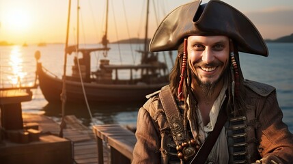 Fototapeta premium a pirate is standing at harbour