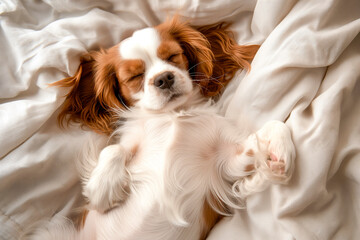 Cute Cavalier King Charles Spaniel puppy sleeps on a bed at home. Top down view