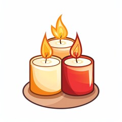 Three burning candles, yellow, orange, and red, on a wooden tray, isolated on white.