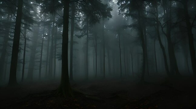 Scary dark forest at night foggy with heavy rain