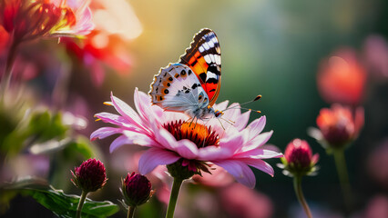 Vibrant Painted Lady a British Butterfly eating nectar off  a flower.