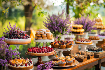 Fototapeta premium Dessert buffet table, food catering for wedding, party holiday celebration, lavender decor, cakes and desserts in a country garden