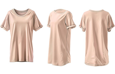 Plain beige t-shirt in front, side, and back views