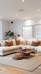 Fototapeta premium Serene living room with an empty frame above the sofa