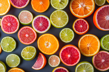 Obraz premium Different citrus fruits as background, top view
