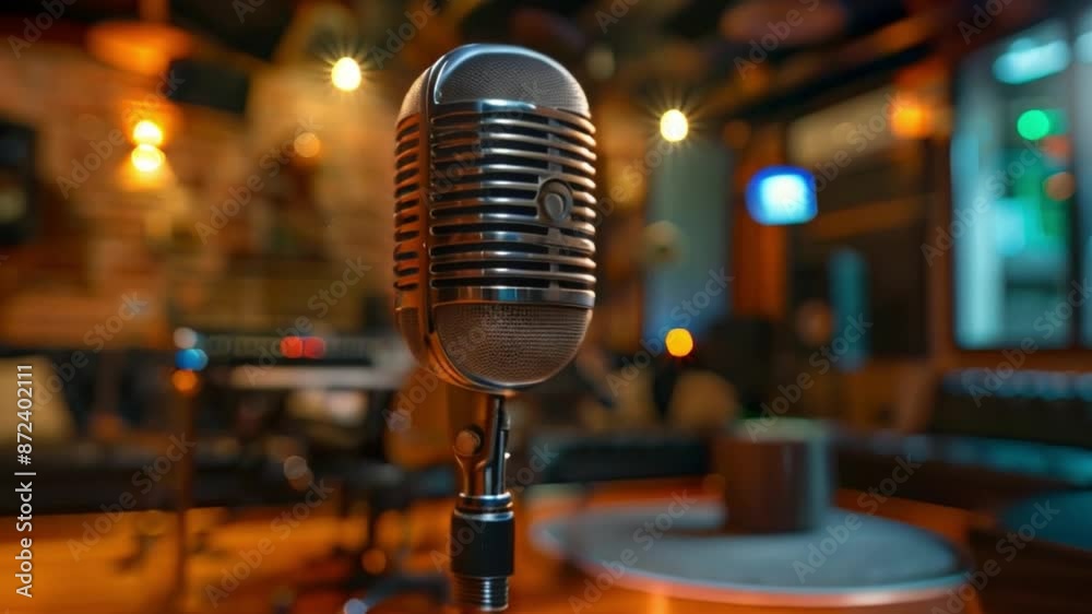 Poster this close-up shot of a vintage microphone in a recording studio.