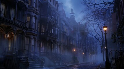 A freezing midnight in the city with dark streets, buildings, and trees under a full moonlit sky, casting shadows on the road surface