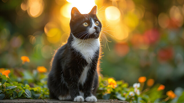 Beneath the dappled sunlight in a verdant garden, a young tabby kitten with mesmerizing eyes explores the lush grass, embodying the innocence and charm of domestic feline companionship amidst the unta