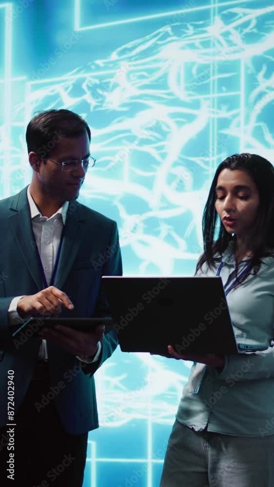 Poster vertical video teamworking colleagues using ai neural networks modeled after human brain to solve co