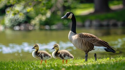 Fototapeta premium A family of geese, including a mother and her three young ones. Generate AI