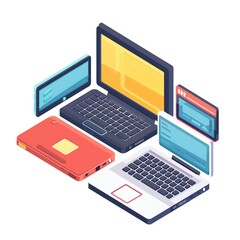 Isometric illustration of various electronic devices connected by cables.