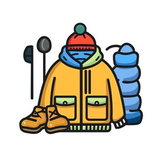 Winter clothing essentials, including a jacket, boots, hat, and gloves, perfect for cold weather.