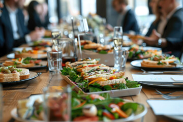 A long table is filled with neatly arranged salads and sandwiches. Glasses of water and champagne are placed alongside menus, as well-dressed individuals engage in conversation.