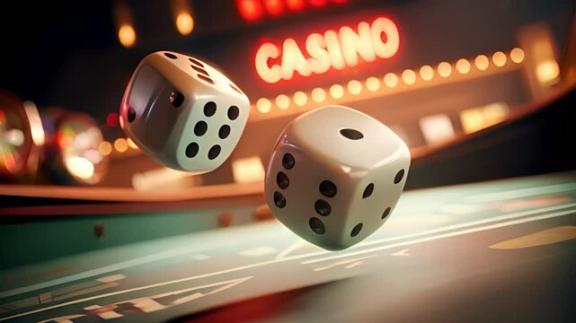 Rolling dice in action at casino craps table with neon lights backdrop, capturing the thrill of gambling and chance