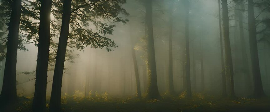 Scary dark forest at night foggy with heavy rain