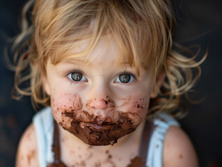 A toddler with light brown hair and big brown eyes looks up, face smeared with a chocolatey substance, conveying innocence and curiosity.