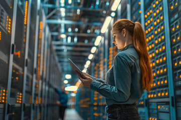 Female business entrepreneur enjoys using a tablet while IT engineer and system administrator work in a cloud server farm Copy space image Place for adding text or design