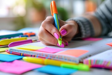 Closeup of a hand writing in a notebook with sticky notes and colorful pens, featuring motivational quotes and study reminders, ideal for academic success concepts