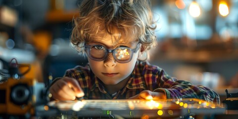 A child building a solarpowered robot from a kit made of recycled PET plastic, fostering creativity and environmental awareness