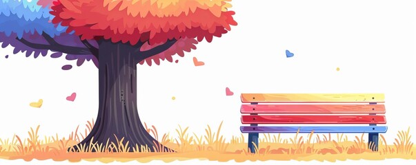 A bench painted in rainbow colors stands under a tree in a school playground , feel good
