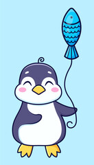 Cute penguin with a balloon. Adorable cartoon illustration