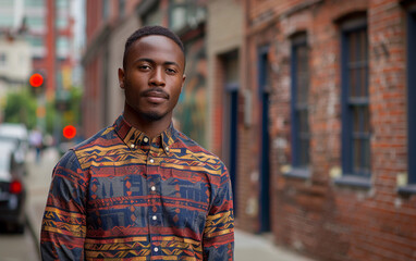 Fototapeta premium A young man of African descent, wearing a patterned shirt, stands on a city street, looking directly at the camera