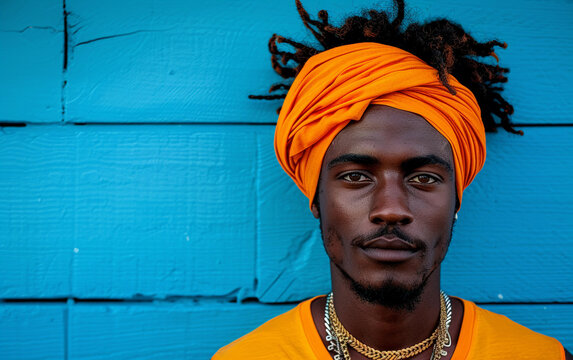 A young man of East African descent, wearing an orange turban and an orange shirt, stands in front of a blue wall. He is looking directly at the camera