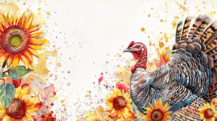 Watercolor art of a sunflower and a turkey with colorful splashes. Concept of autumn, Thanksgiving, nature, and artistry. Copy space